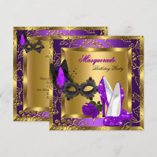 Invitation Talons hauts pailletés or masqués violet noir