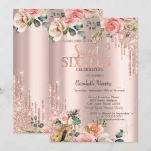 Invitation Talons hauts Rose Gold Glitter Drips Roses Sweet 1