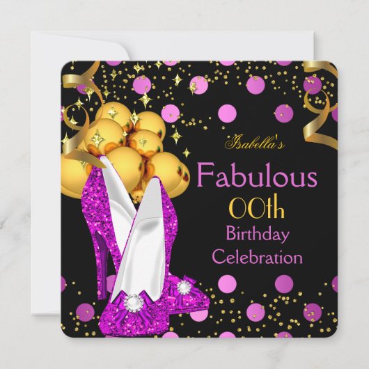Invitation Talons Hauts Roses Anniversaire Thème Points Dorés (Devant)