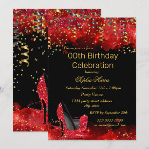 Invitation Talons hauts rouges paillettes or noir Fête d'anni