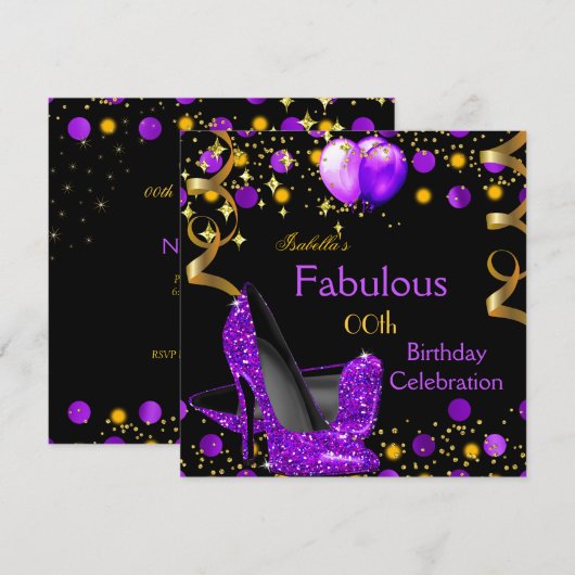 Invitation Talons hauts violets Ballons dorés Fête d'annivers (Devant / Derrière)