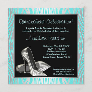 Invitation Talons hauts Zèbre Sarcelle Quinceanera 15e Fête