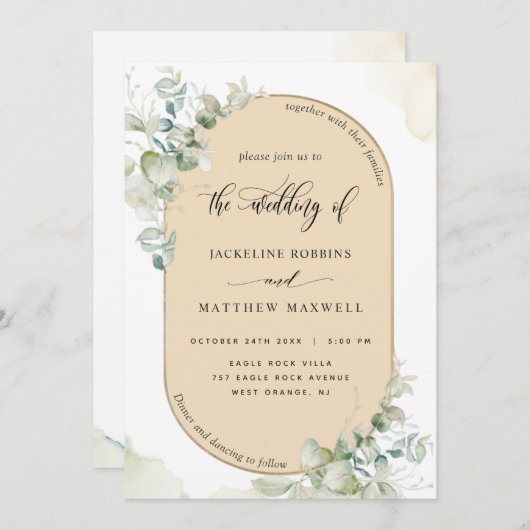 Invitation Tan Beige, Arche Ovale Eucalyptus, Mariage Vert (Devant / Derrière)