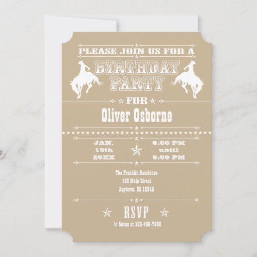 Invitation Tan Beige Cowboy Rodeo Anniversaire Fête Invitatio (Devant)