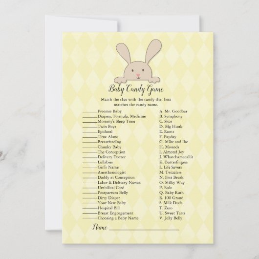 Invitation Tan Bunny Rabbit Jaune Bébé Candy Douche Jeu (Devant)