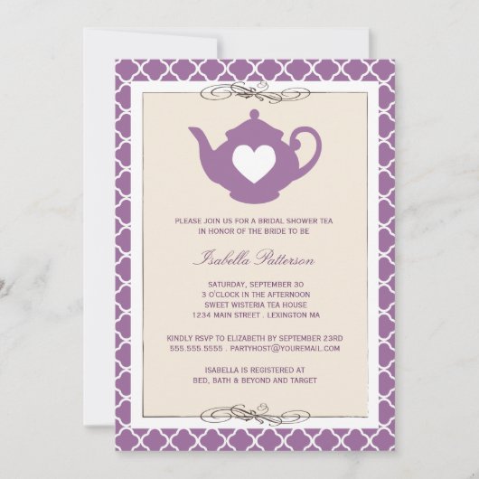 Invitation Tan Chic & Purple Teapot Fête de l'mariée Tea Part (Devant)