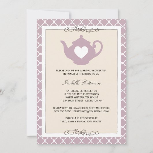 Invitation Tan Chic & Purple Teapot Fête de l'mariée Tea Part (Devant)