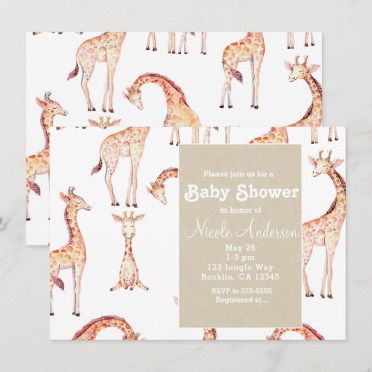 Invitation Tan Giraffes & Kraft Safari Baby shower Whimsical (Devant / Derrière)