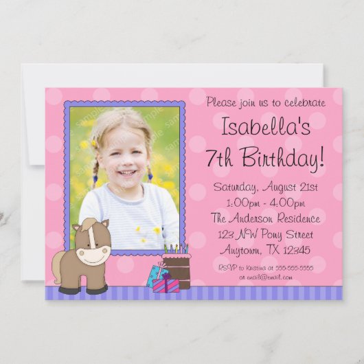 Invitation Tan Horse rose Pois Photo Anniversaire (Devant)