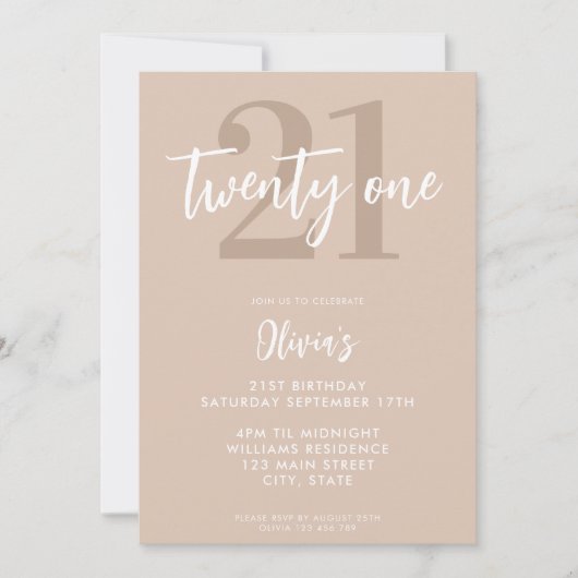 Invitation Tan moderne Brown Élégant 21e anniversaire (Devant)