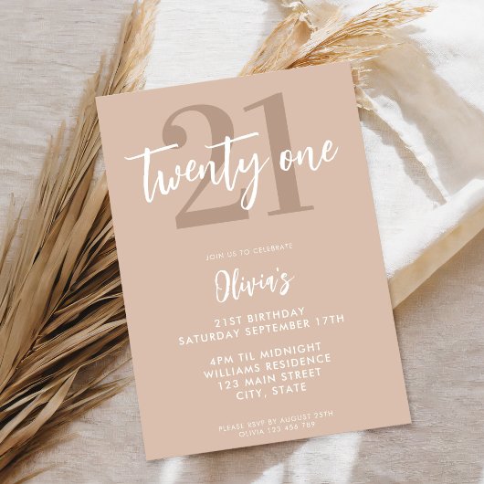 Invitation Tan moderne Brown Élégant 21e anniversaire