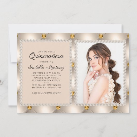 Invitation Tan Or Perles Satin Bijoux Photo Quinceañera (Devant)