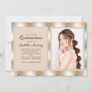 Invitation Tan Or Perles Satin Bijoux Photo Quinceañera