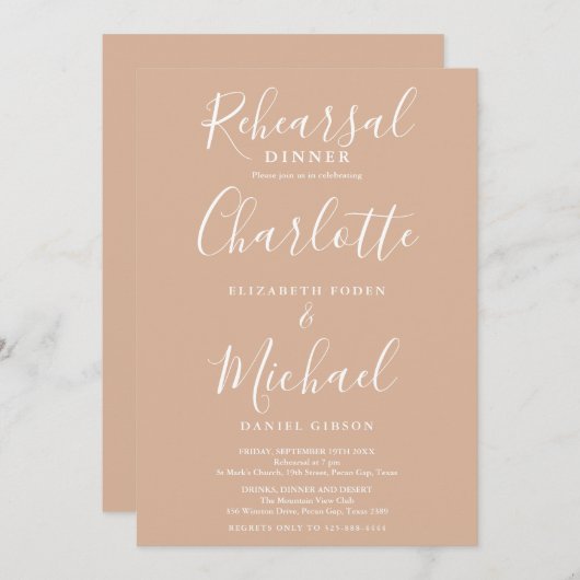Invitation Tan Taupe Signature Script Dîner de répétition (Devant / Derrière)