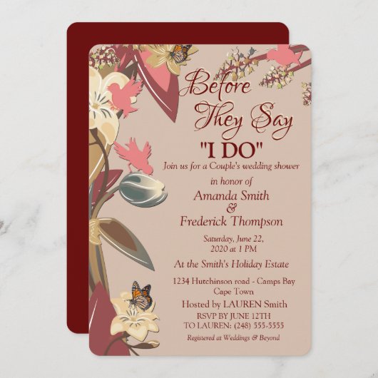 Invitation Tan, Vin de Marsala - torsion de Mariage Rose Fête (Devant / Derrière)