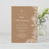 Invitation Tan White Floral Première Communion sainte (Debout devant)