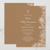Invitation Tan White Floral Première Communion sainte (Devant / Derrière)
