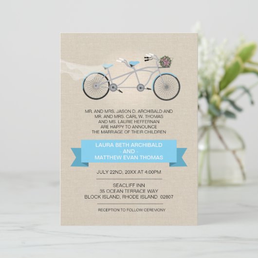Invitation Tandem Mariage Vélo Faux Linen (Debout devant)