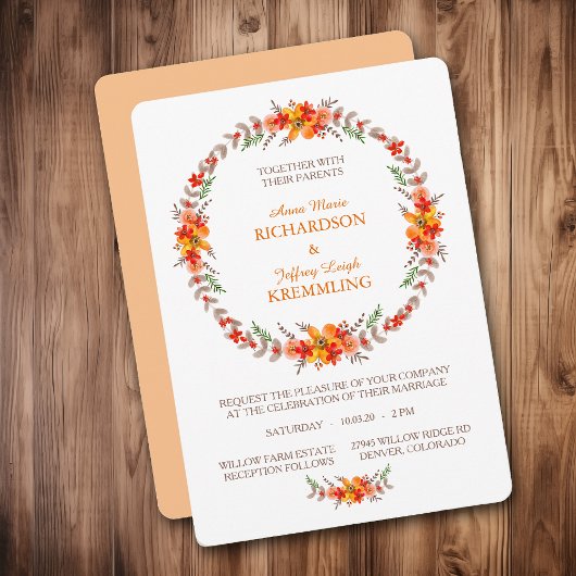 Invitation Tangerine Boho Floral Wreath Mariage moderne