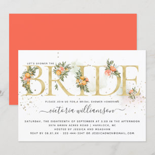 Invitation Tangerine Citrus et Fête des mariées Florale d'or