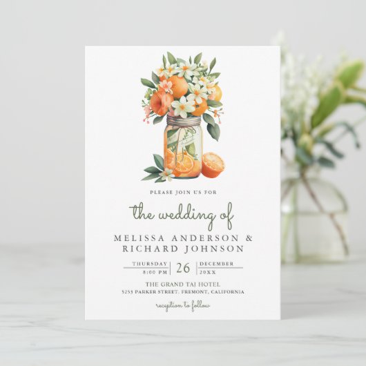 Invitation Tangerine Citrus Orange Mason Jar QR Code Mariage (Debout devant)