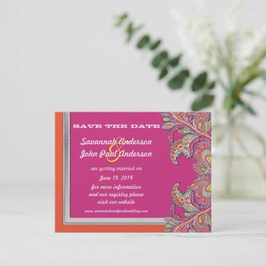 Invitation Tangerine d'argent et mariage Fuchsia Enregistrer (Debout devant)