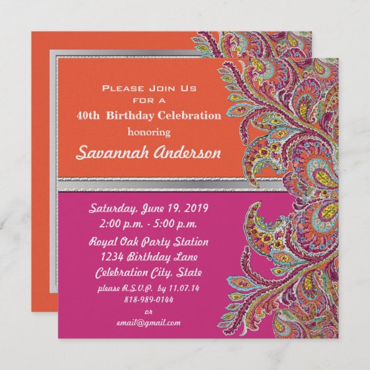 Invitation Tangerine marocaine & Fuchsia 40ème anniversaire (Devant / Derrière)