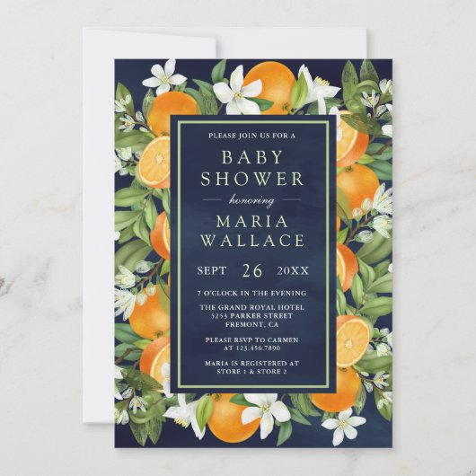 Invitation Tangerine Rustique Citrus Orange Baby shower de ma (Devant)