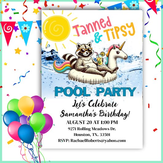 Invitation Tanned & Tipsy Raccoon Birthday Pool Party