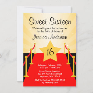 Invitation Tapis Rouge Fête d'anniversaire Hollywood Sweet 16