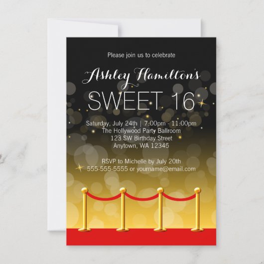 Invitation Tapis rouge or moderne Hollywood Sweet 16 (Devant)