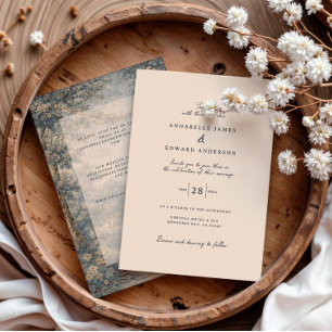 Invitation Tapisserie romantique vintage botanique bleu beige
