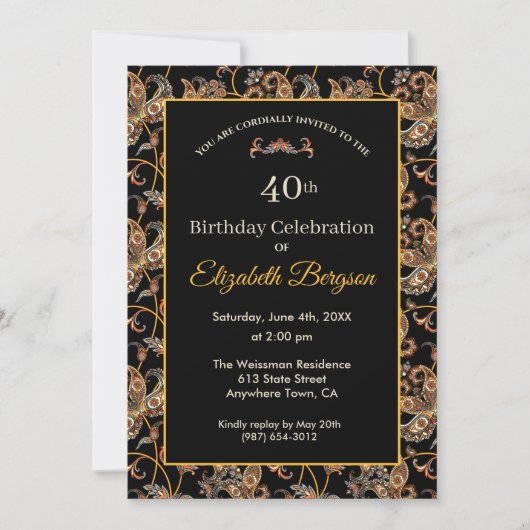 Invitation Tapisserie vintage design sur Black 40e anniversai (Devant)