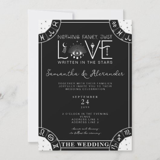 Invitation Tarot Céleste Mariage signe Zodiaque Mal Oeil Noir (Devant)
