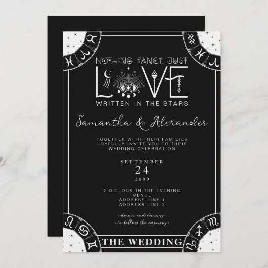 Invitation Tarot Céleste Mariage signe Zodiaque Mal Oeil Noir (Devant / Derrière)
