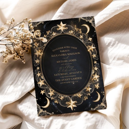 Invitation Tarot Celestin Mariage Sun Moon Stars Gold