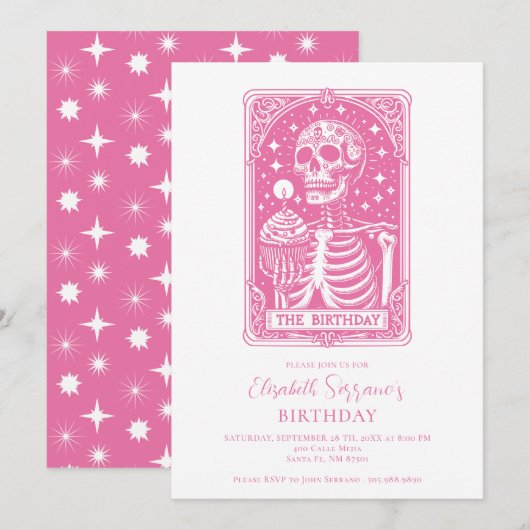 Invitation Tarot Drôle Anniversaire Rose (Devant / Derrière)