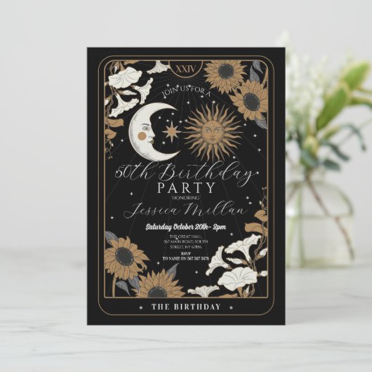 Invitation Tarot fête d'anniversaire Sun Moon aligné Invitati (Debout devant)