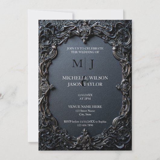 Invitation Tarot Moderne Gothique Noir et Or Monogramme (Devant)