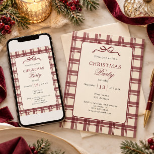 Invitation Tartan à carreaux bordeaux et crème avec noeud pou