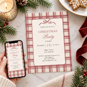 Invitation Tartan à carreaux crème rouge noeud de Noël