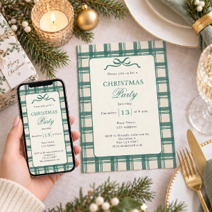 Invitation Tartan à carreaux vert sauge et crème Noël Bow Par