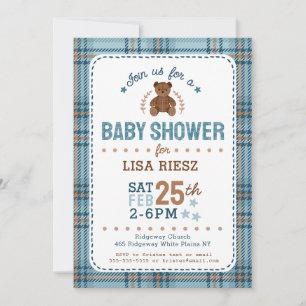 Invitation Tartan Classique Ours en Peluche Baby Shower