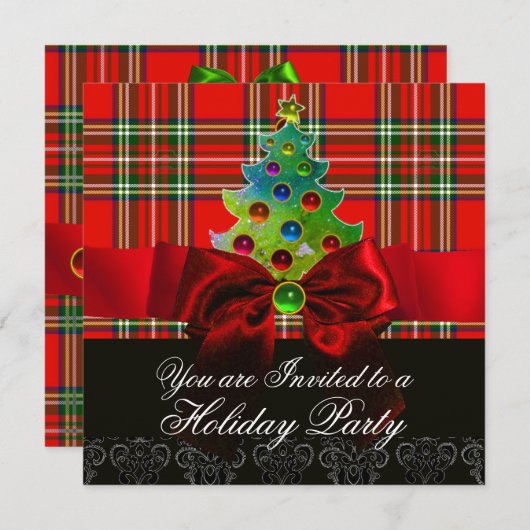 INVITATION TARTAN ÉCOSSAIS, ARBRE VERT ROUGE ET ARBRE DE NOËL (Devant / Derrière)