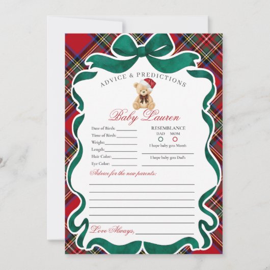Invitation Tartan Plaid Christmas Bear Advice for Baby Card (Devant)