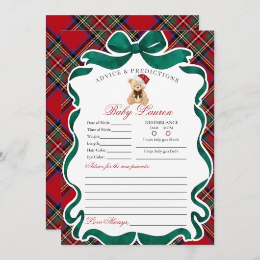Invitation Tartan Plaid Christmas Bear Advice for Baby Card (Devant / Derrière)