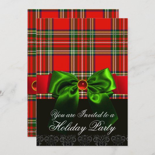 INVITATION TARTAN ROUGE ÉCOSSE AVEC PARTI DE NOËL VERT EN BAS (Devant / Derrière)