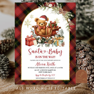 Invitation Tartan Rouge Noël Santa Ours Baby Shower