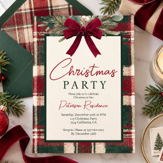 Invitation Tartan Velours Classique Noeud Fêtes de Noël