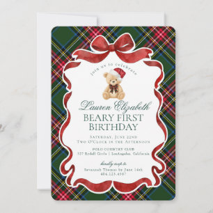 Invitation Tartan Vert à Carreaux Noël Ourson Premier Anniver